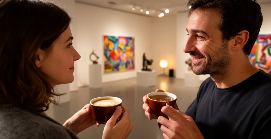 Deux personnes échangeant autour d'un café avant un atelier artistique