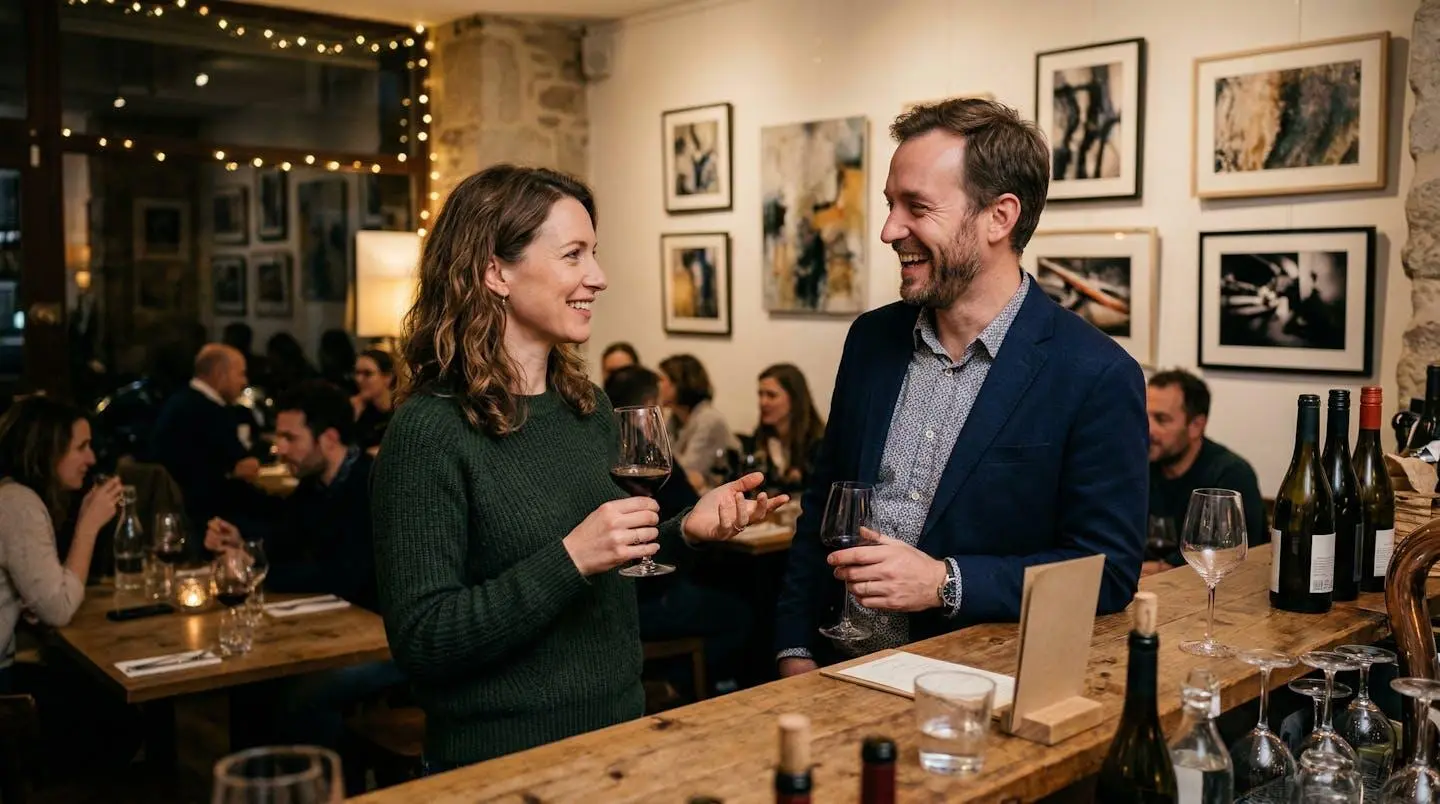 Ambiance conviviale lors d'une soirée artistique avec œuvres d'art visibles à Annecy