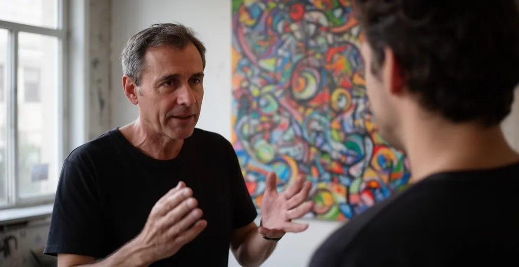 Participant en conversation devant une œuvre lors d'un atelier participatif