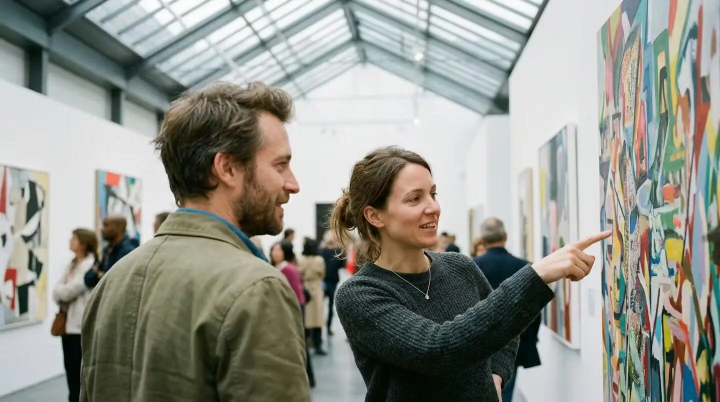 Deux visiteurs échangeant spontanément devant un tableau abstrait dans une galerie