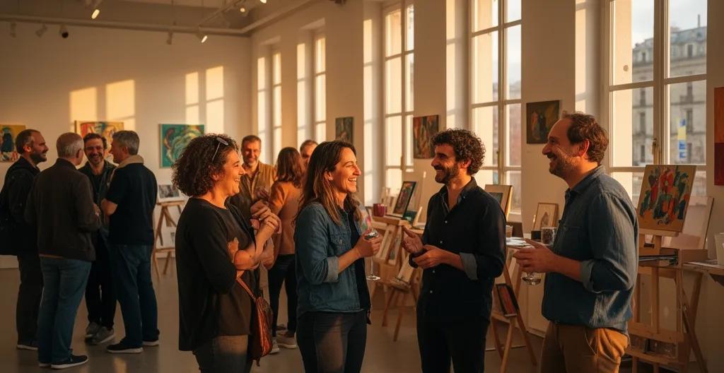 Petits groupes discutant chaleureusement à la fin d'un atelier artistique