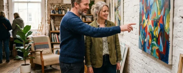 Deux adultes découvrant une œuvre d'art dans un espace convivial à Annecy