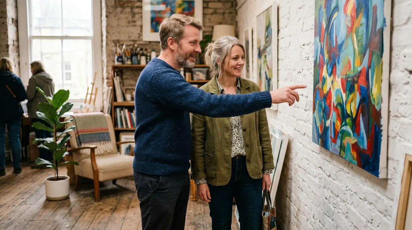 Deux adultes découvrant une œuvre d'art dans un espace convivial à Annecy