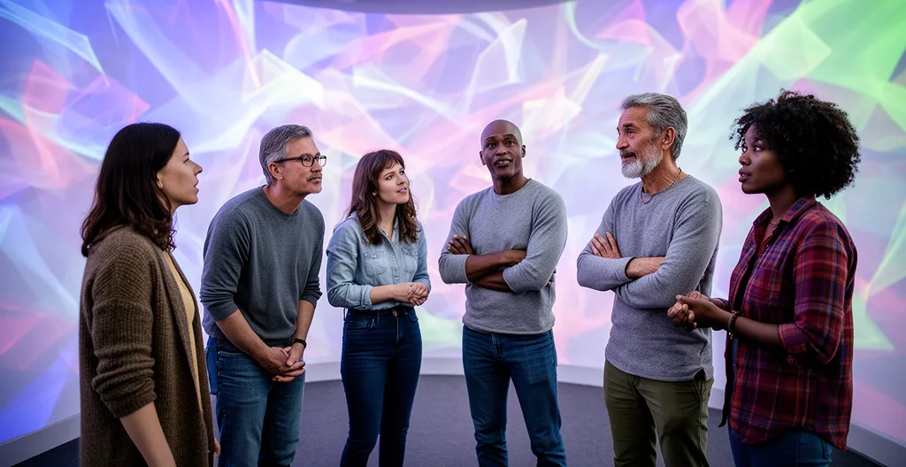 Groupe attentif écoutant un médiateur dans un espace d'art immersif