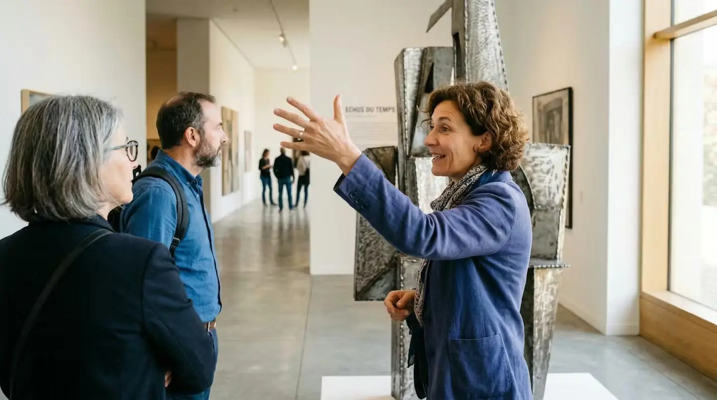 Médiateur culturel présentant une sculpture avec passion devant des visiteurs attentifs