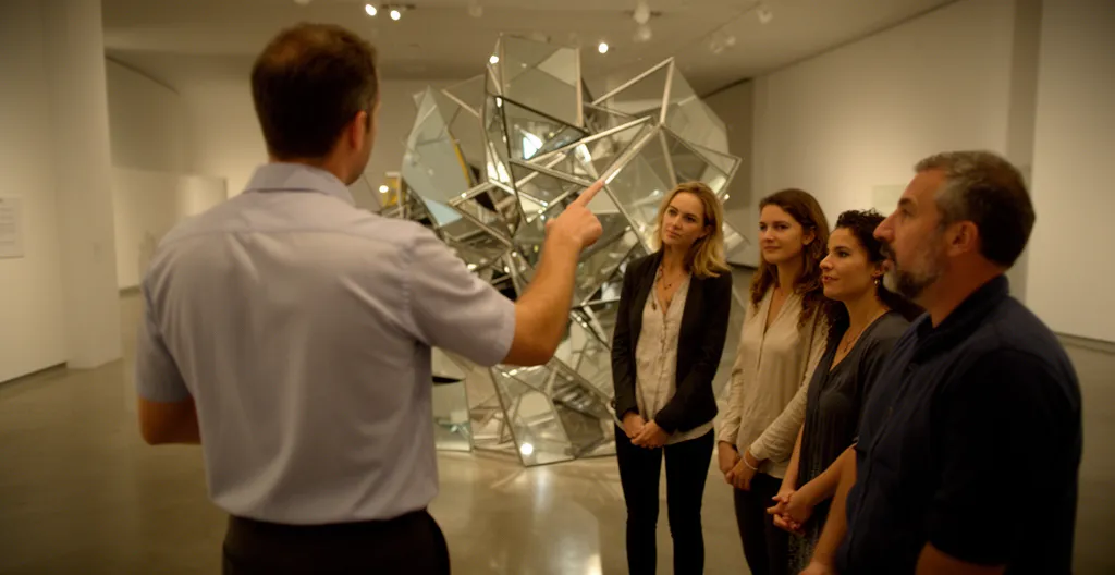 Médiateur culturel guidant un petit groupe dans une exposition immersive