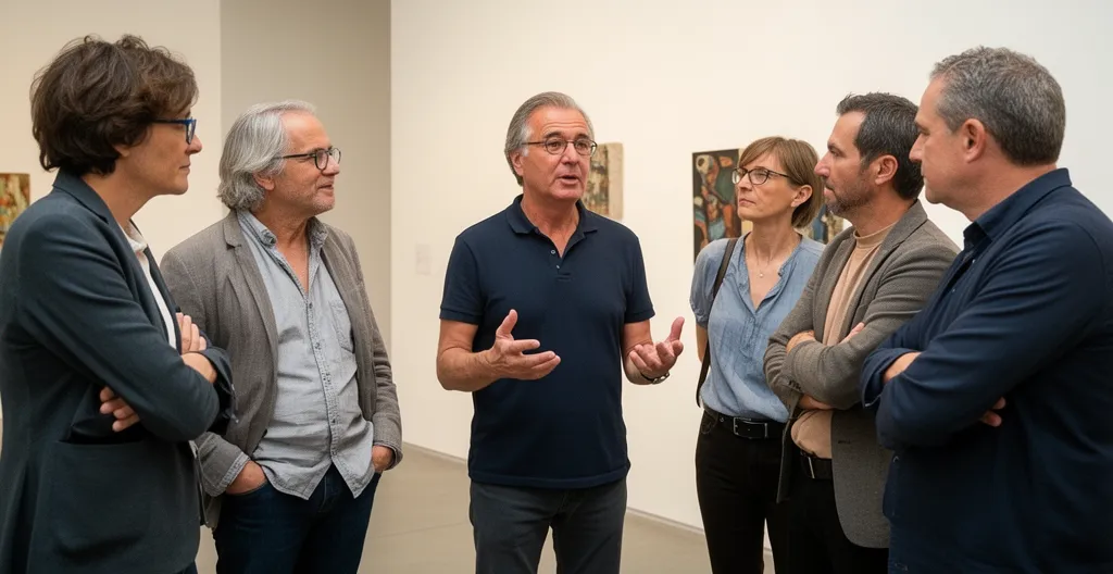 Personne s'exprimant devant un petit groupe dans une galerie d'art