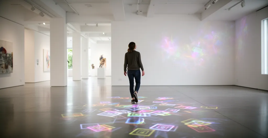 Visiteur suivant un parcours d'exposition avec repères lumineux au sol