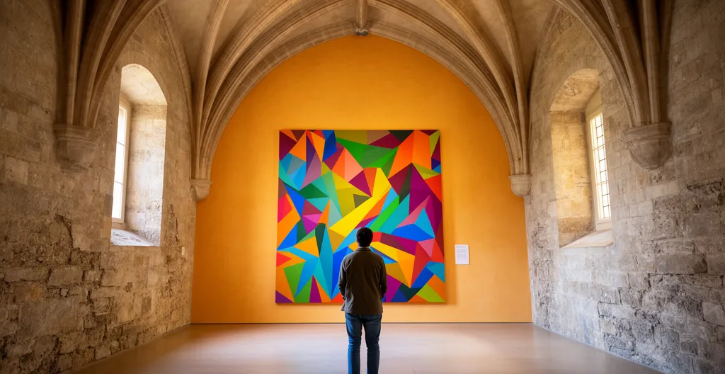 Salle voûtée du Château de Gordes présentant une toile abstraite colorée de Pol Mara