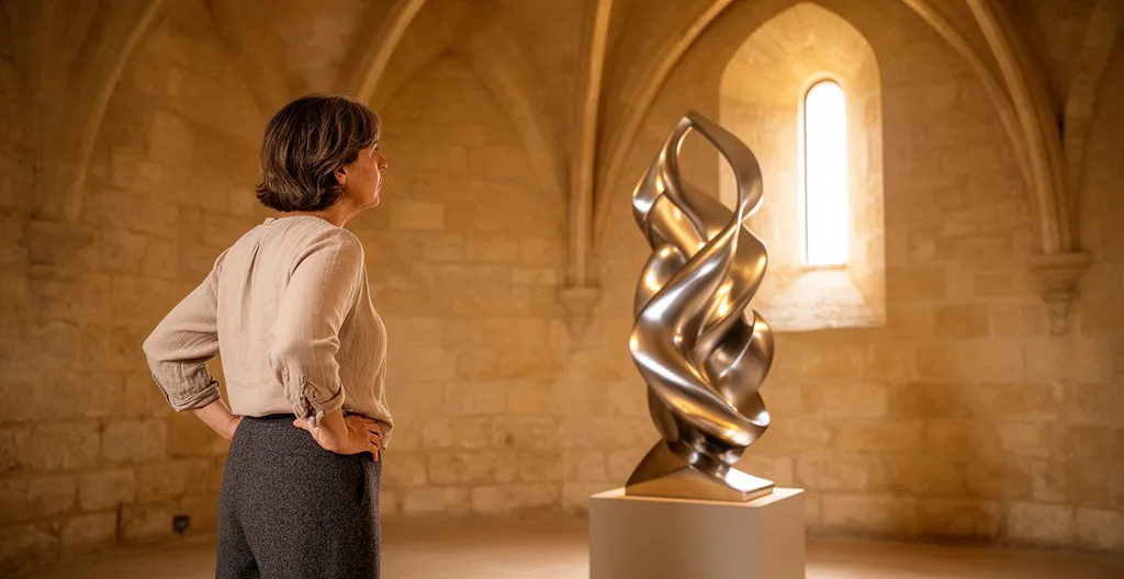 Visiteur contemplant une sculpture contemporaine dans une salle voûtée médiévale du Château de Gordes