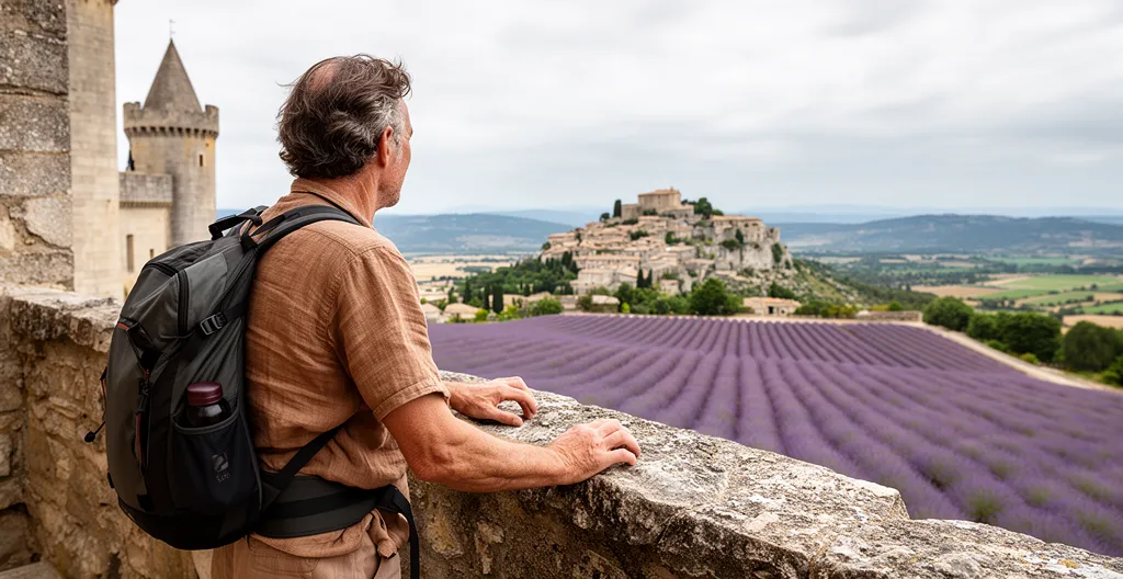 Visiteur admirant le panorama sur la vallée du Luberon depuis la terrasse du Château de Gordes