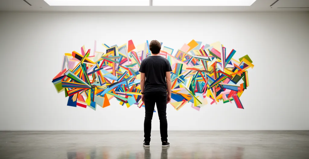 Personne seule face à une installation artistique dans moment de contemplation