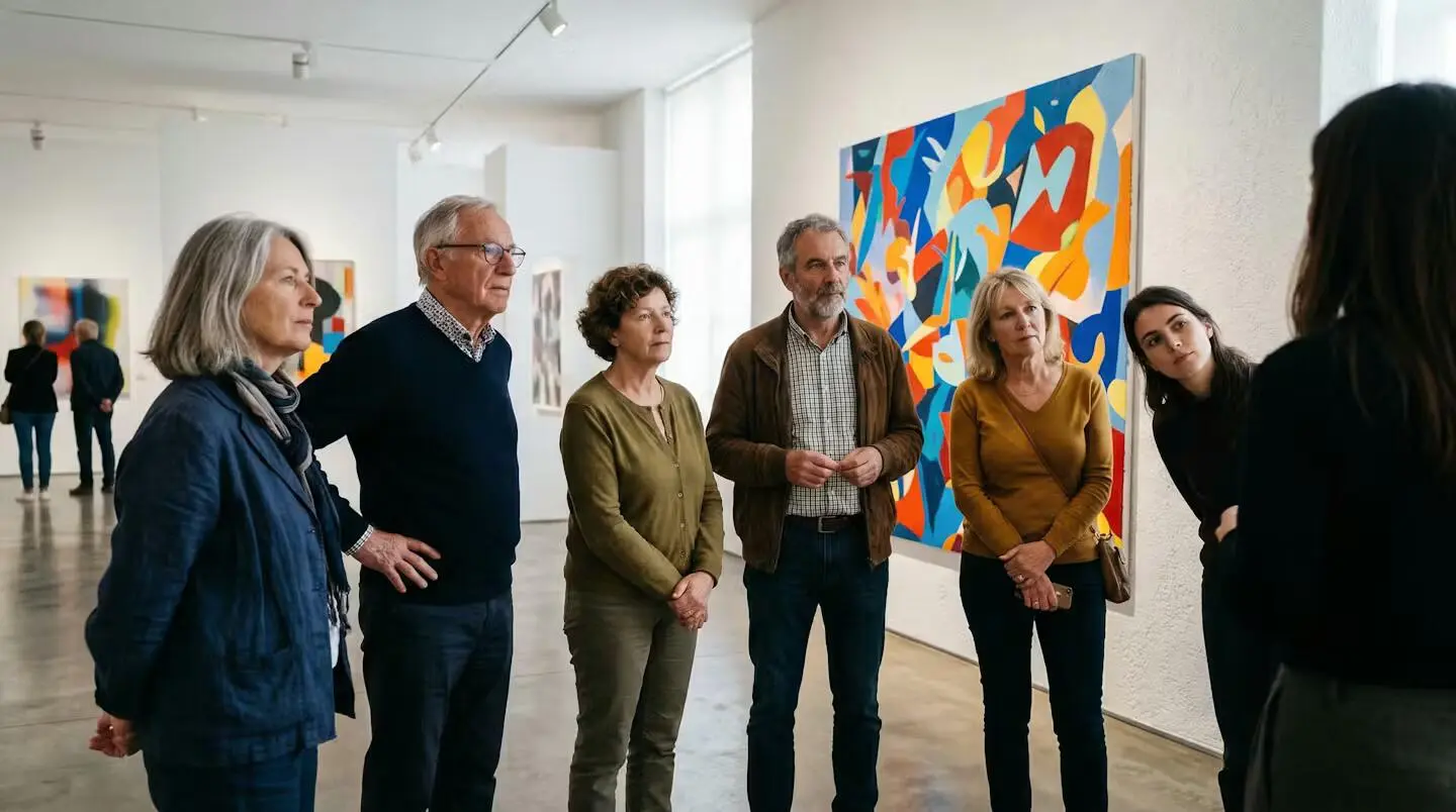 Groupe de visiteurs captivés dans une galerie d'art contemporain à Annecy