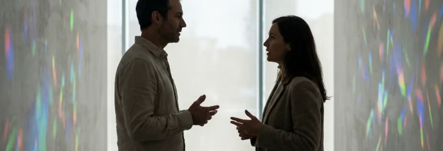 Deux adultes contemplent une installation lumineuse immersive dans un espace culturel